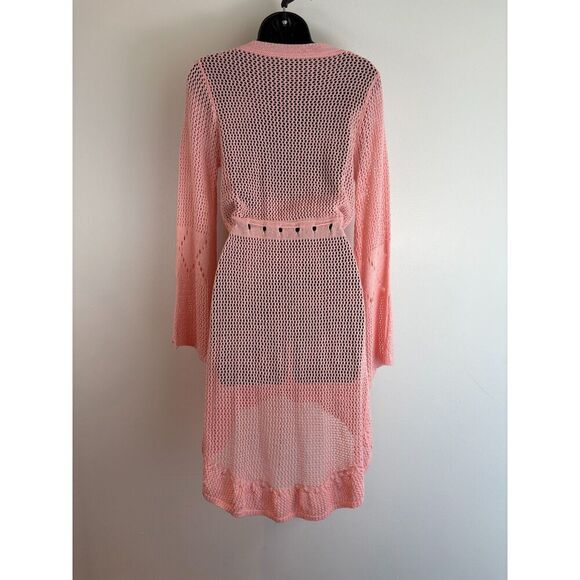Vintage Pink Crocheted Dress Bell Sleeves Drawstring Waist One Size - Picture 2 of 5
